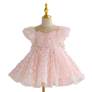 Ins Customized Shiny Solid Butterfly Flying Sleeve Girls Sequin Tulle Dress for Summer