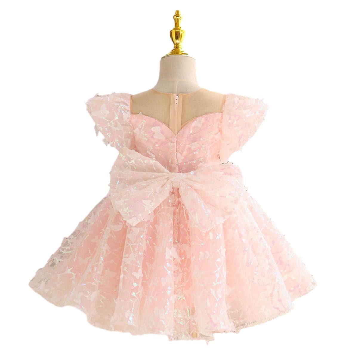 Ins Customized Shiny Solid Butterfly Flying Sleeve Girls Sequin Tulle Dress for Summer