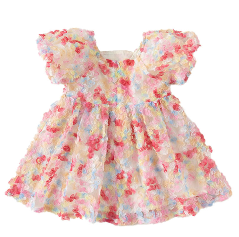 High Quality Sweet Puff Sleeve Pink Flower Printed Floral Girls Tulle Dress for Summer