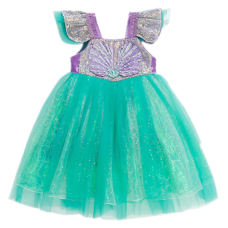 High Quality Wholesale sequin mesh dress small flying sleeves luminous birthday girls dress