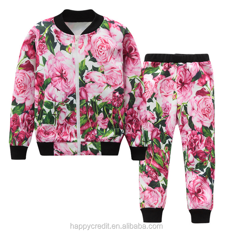 Kids Wholesale Sweat Suits Cute Fashion Design Custom Zipper Up Bomber Pants Flowers Digital Printing Children's Clothing