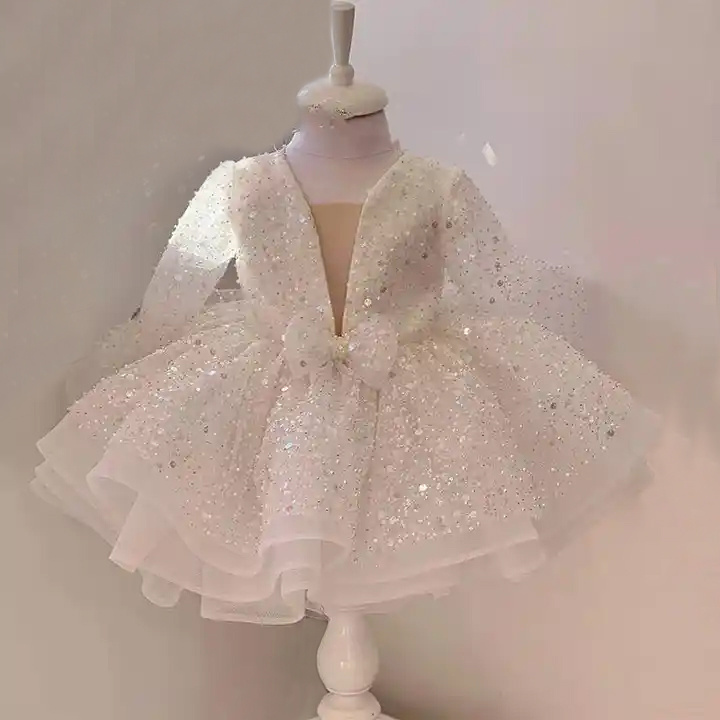 Sequins Mesh Girls Princess Vintage long Sleeve Wedding Party Birthday Tutu Dress