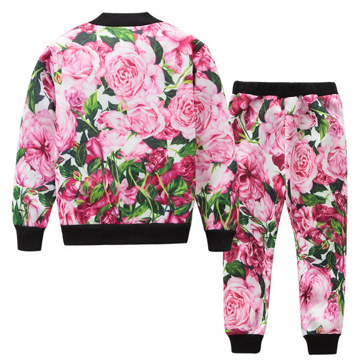 Kids Wholesale Sweat Suits Cute Fashion Design Custom Zipper Up Bomber Pants Flowers Digital Printing Children's Clothing