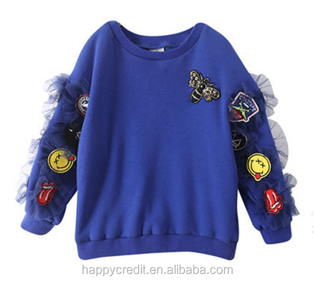 Embroidery Smile Face Patches Lace Ruffles Soft Fleece Black Kids Sweatshirt without Hood