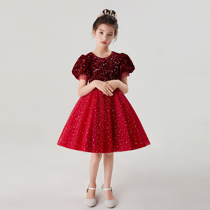 Girls' short sleeved dress evening dress sequin gauze poncho skirt short princess skirt sweet