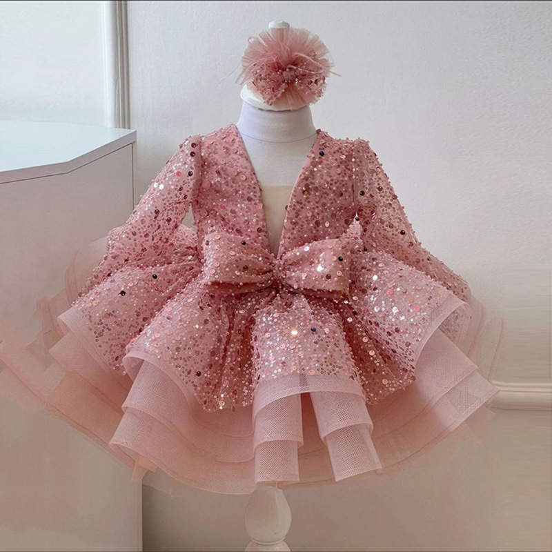 Sequins Mesh Girls Princess Vintage long Sleeve Wedding Party Birthday Tutu Dress