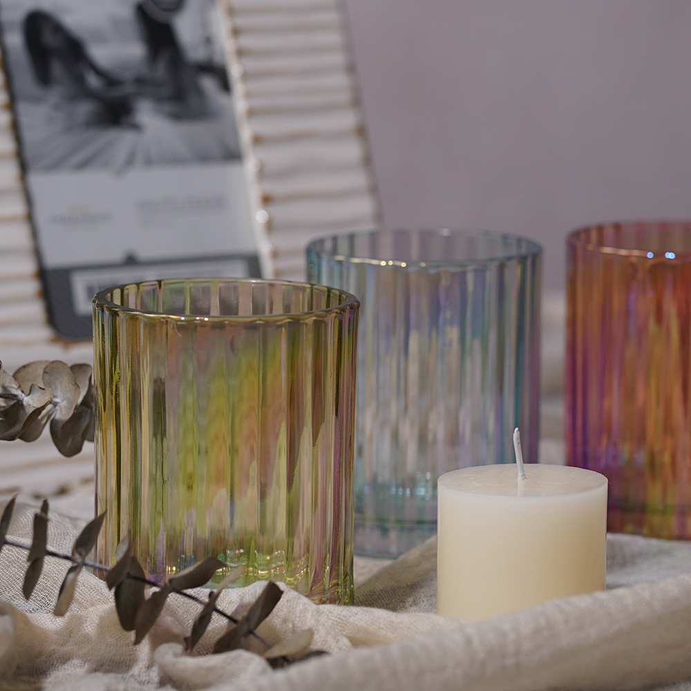 Ribbed Round Clear Glass Candle  cylindrical tealight holder Ribbed Colorful Glass Votive Candle Holder Glass Jar Candle Holder