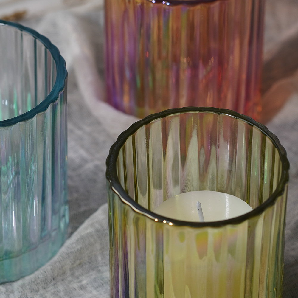 Ribbed Round Clear Glass Candle  cylindrical tealight holder Ribbed Colorful Glass Votive Candle Holder Glass Jar Candle Holder