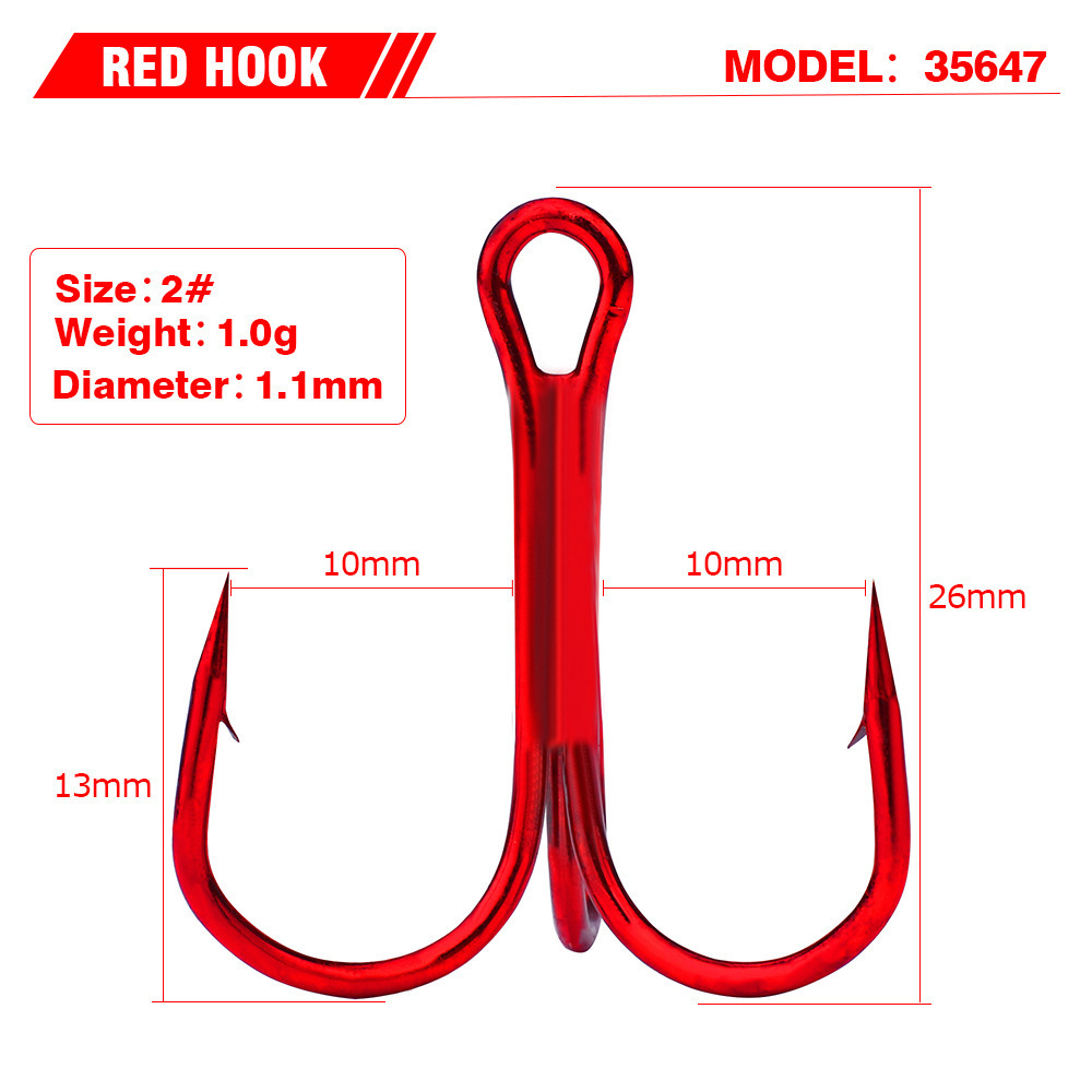 Wholesale 100pcs/bag 35647 high carbon hooks 2# 4# 6# 8# 10# Carbon Steel Treble Red treble Fishing Hooks