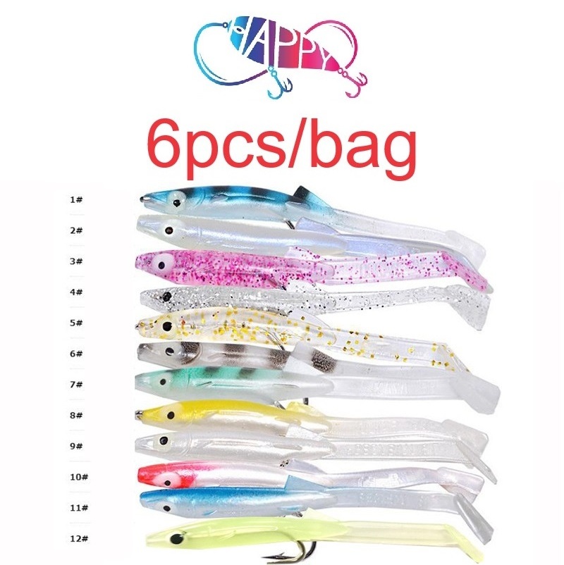 Wholesale 12colors 6pcs/bags T Tail Soft Sea Eel False Bait Paddle Lure with Hooks 85mm 2.3g slow pitch jig Baits