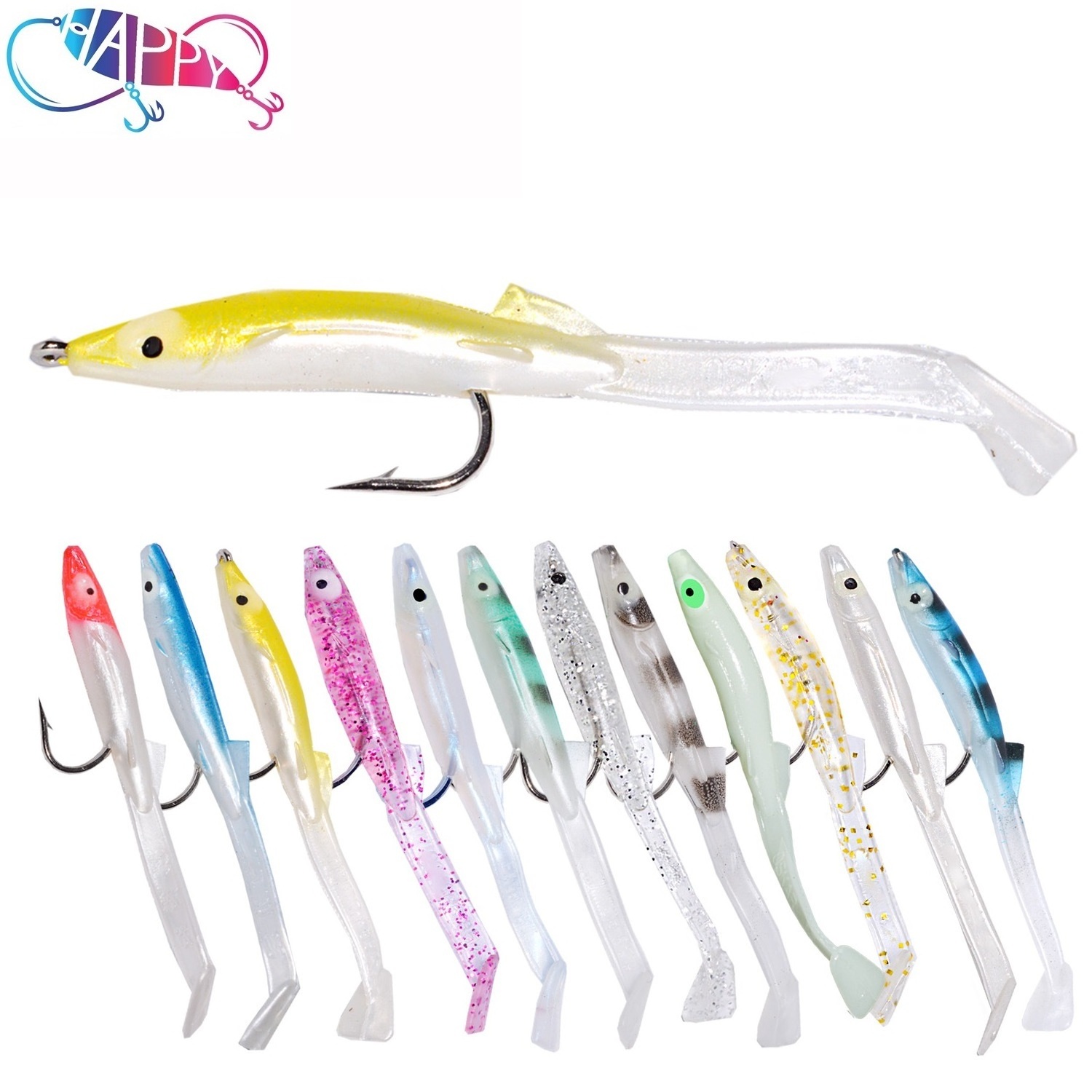 Wholesale 12colors 6pcs/bags T Tail Soft Sea Eel False Bait Paddle Lure with Hooks 85mm 2.3g slow pitch jig Baits