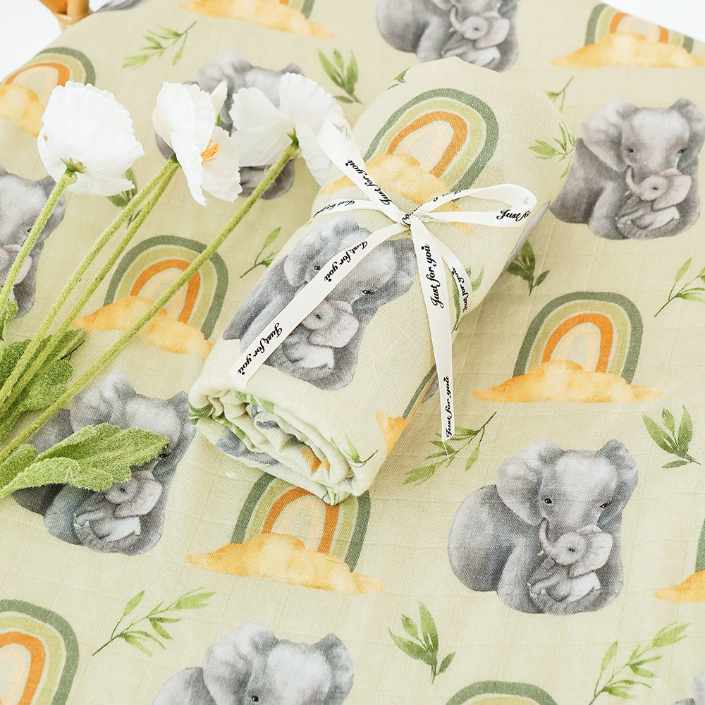 2-Layer Customized Reactive Pattern Baby Bamboo Muslin Blanket Organic Cotton Fabric Swaddle for Wholesale Baby's Bedding