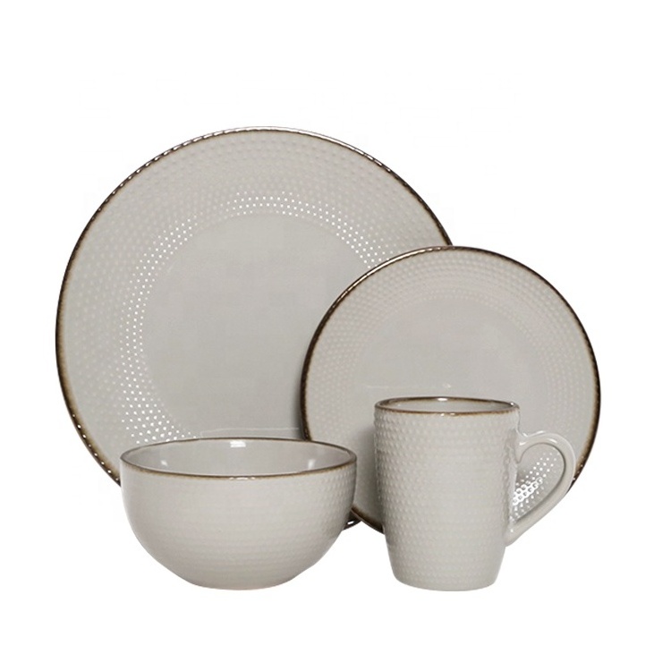 Happy Go Hot  16pcs Ceramic tableware Color glaze and metal rim Dinnerware set Antique Dots Embossment Stoneware Dinner Sets