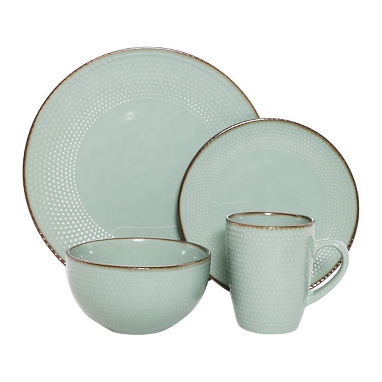 Happy Go Hot  16pcs Ceramic tableware Color glaze and metal rim Dinnerware set Antique Dots Embossment Stoneware Dinner Sets