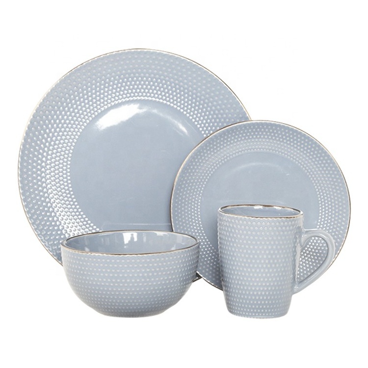 Happy Go Hot  16pcs Ceramic tableware Color glaze and metal rim Dinnerware set Antique Dots Embossment Stoneware Dinner Sets