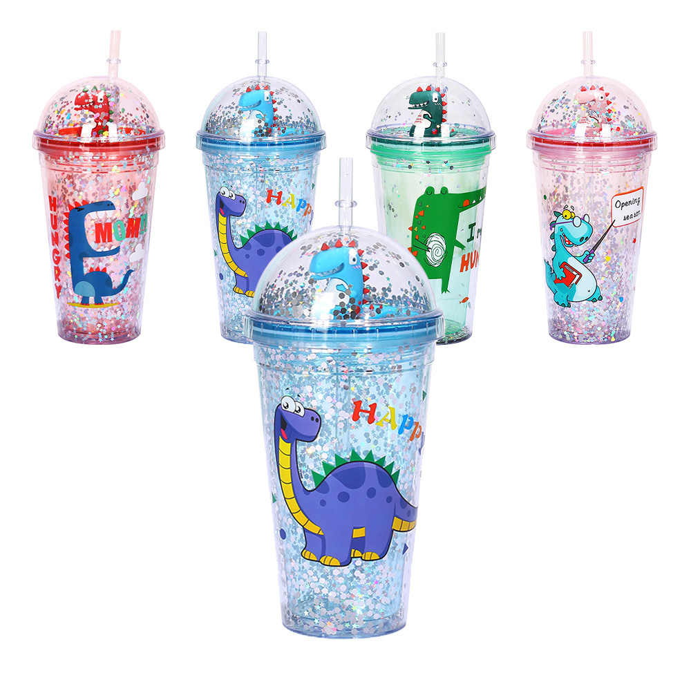 Children Straw Tumblers Dome Lids Glitter Drinking Cups, Cute Dinosaur Plastic Tumbler 16oz Kids Tumbler Cups