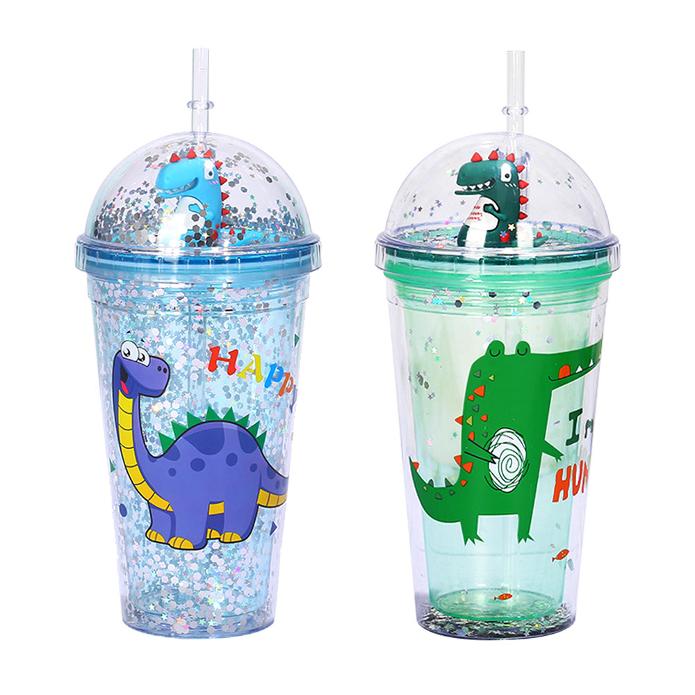 Children Straw Tumblers Dome Lids Glitter Drinking Cups, Cute Dinosaur Plastic Tumbler 16oz Kids Tumbler Cups