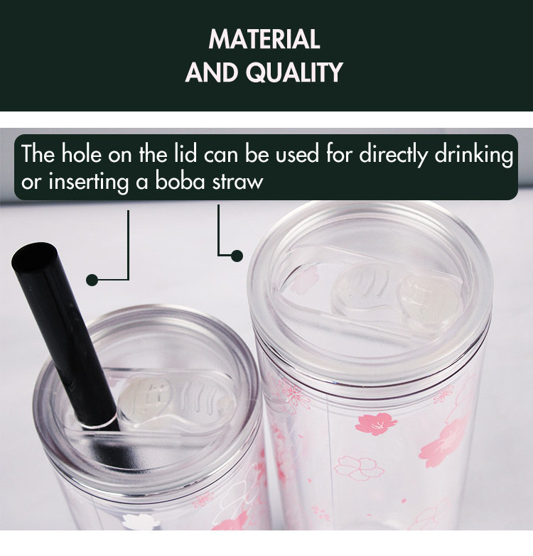 Custom 16 Oz Skinny Sublimation Plastic Boba Tea Tumblers Cup Double Wall Straight Reusable Bubble Tea Cup With Straw