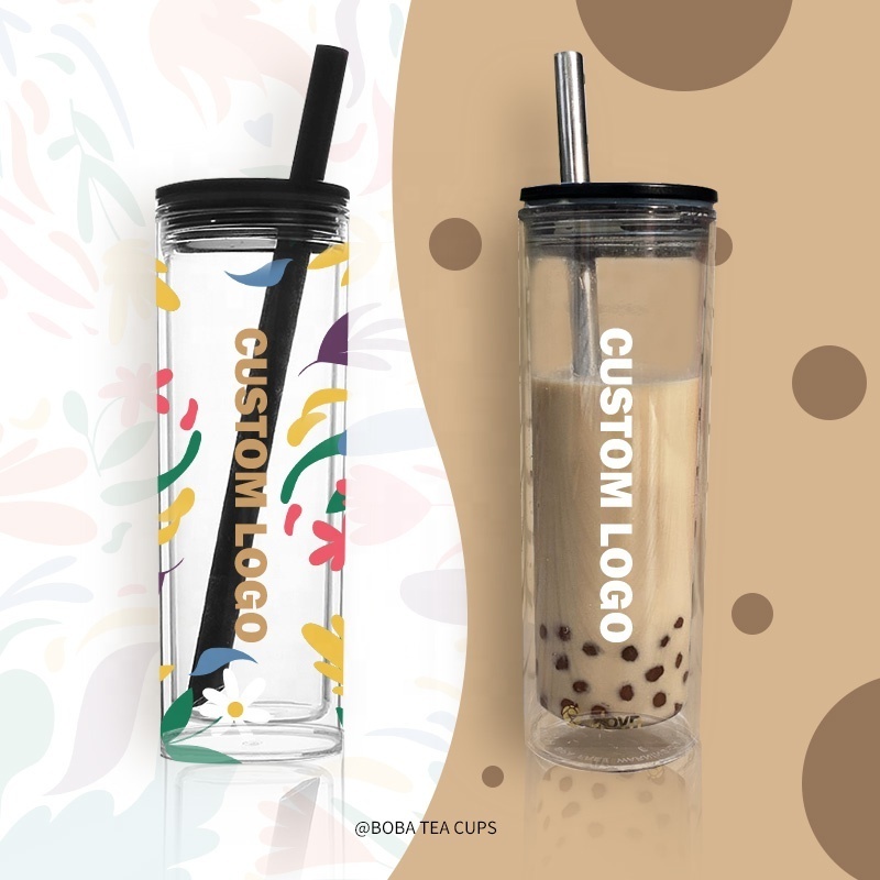 Custom 16 Oz Skinny Sublimation Plastic Boba Tea Tumblers Cup Double Wall Straight Reusable Bubble Tea Cup With Straw