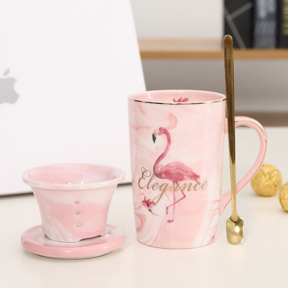 Wholesale Valentines Day Gifts Tazas High Quality Horoscope Flamingo Couple Coffee Ceramic Mug With Spoon And Lid