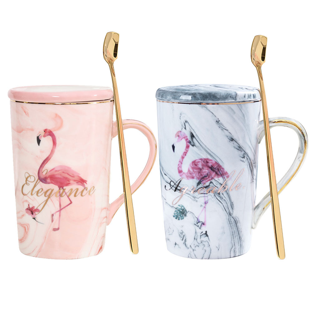 Wholesale Valentines Day Gifts Tazas High Quality Horoscope Flamingo Couple Coffee Ceramic Mug With Spoon And Lid