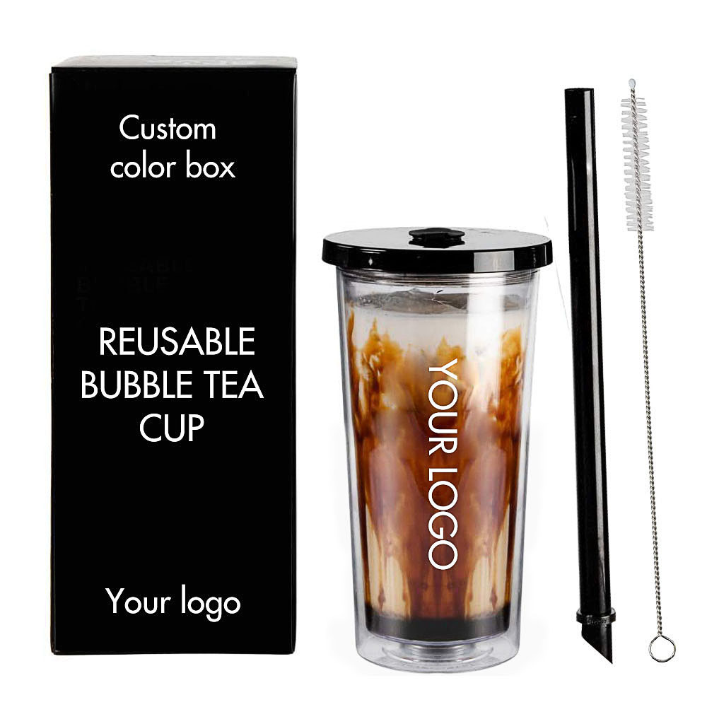 Custom 20oz Clear Straw Acrylic Premium Bubble Tea Tumbler Cups 500ml Double Wall Plastic Reusable Boba Cups With Lid