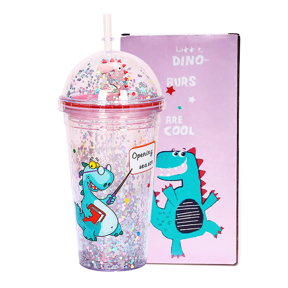 Children Straw Tumblers Dome Lids Glitter Drinking Cups, Cute Dinosaur Plastic Tumbler 16oz Kids Tumbler Cups