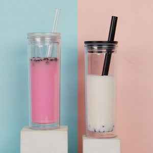 Custom 16 Oz Skinny Sublimation Plastic Boba Tea Tumblers Cup Double Wall Straight Reusable Bubble Tea Cup With Straw