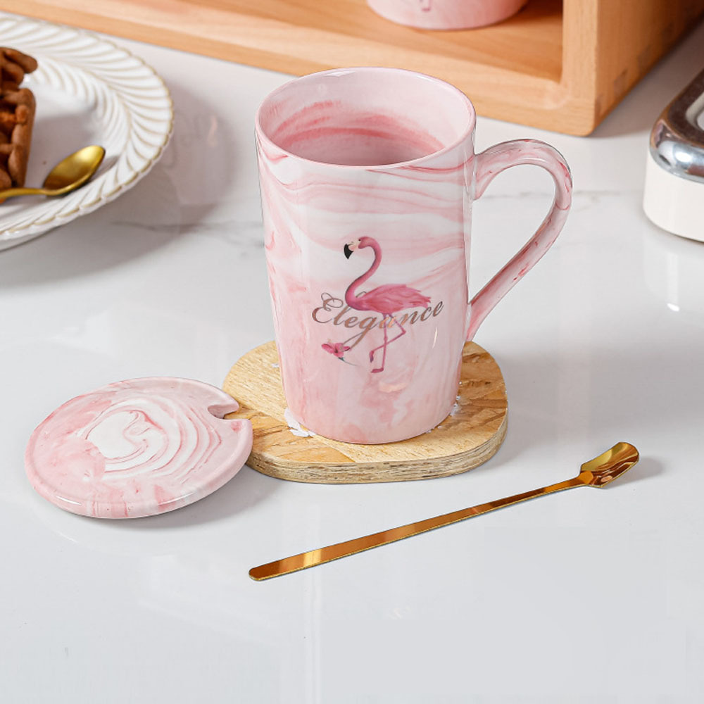 Wholesale Valentines Day Gifts Tazas High Quality Horoscope Flamingo Couple Coffee Ceramic Mug With Spoon And Lid