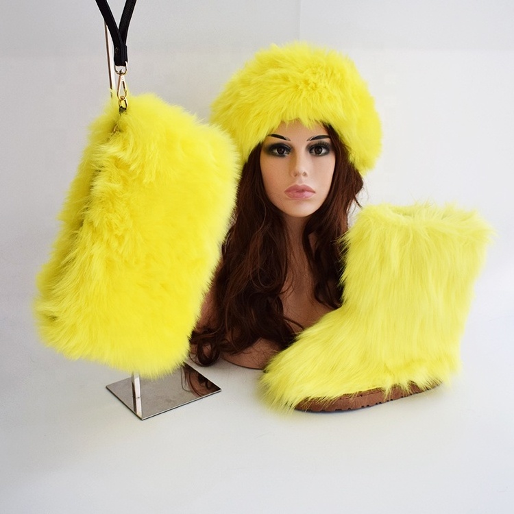 Factory fluffy furry soft faux fur ankle boots in winter warm snow women's shoes matching fur slippers slides handbag boots set