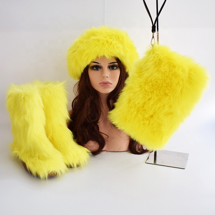 Factory fluffy furry soft faux fur ankle boots in winter warm snow women's shoes matching fur slippers slides handbag boots set