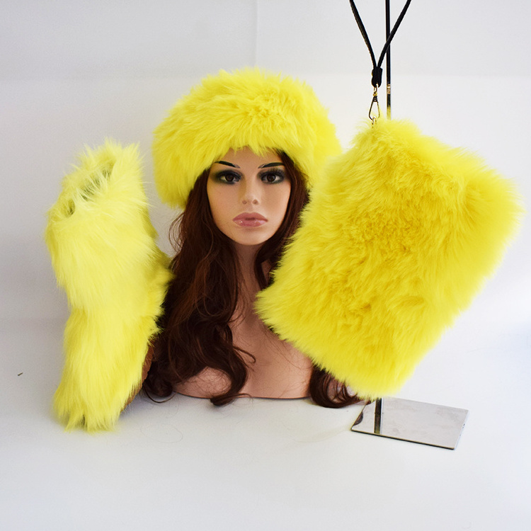 Factory fluffy furry soft faux fur ankle boots in winter warm snow women's shoes matching fur slippers slides handbag boots set