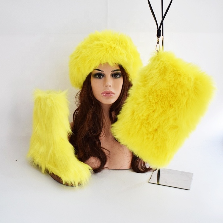 Factory fluffy furry soft faux fur ankle boots in winter warm snow women's shoes matching fur slippers slides handbag boots set