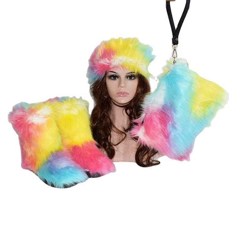 2021 cheap wholesale women faux fluffy fur snow boots with matching purse and headband set ladies furry footwear in us sizes