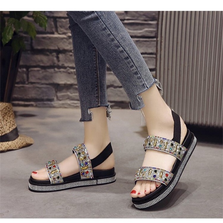 China factory summer cheap open toe women flat casual sequins design shoes for korean Japanese Asian women girl lady