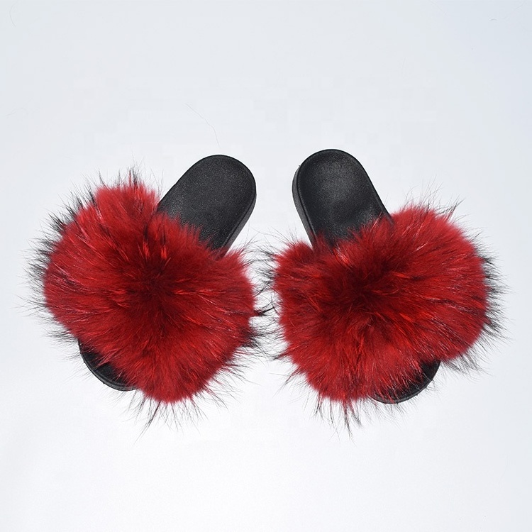 Custom Women Big Fluffy Fox Fur Slippers Ladies Soft Comfortable  Fur Slide Vendors