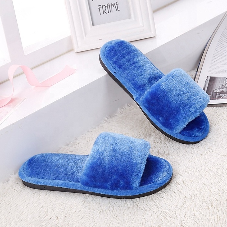 Wholesale open toe soft fashion winter rubber faux fur comfy sole lady men slides plush slippers for women cotton house shoes