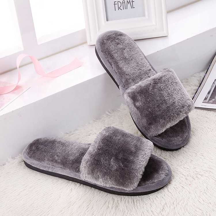 Wholesale open toe soft fashion winter rubber faux fur comfy sole lady men slides plush slippers for women cotton house shoes