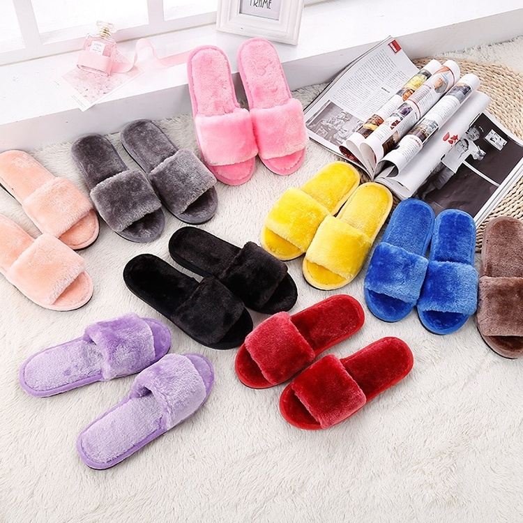 Wholesale open toe soft fashion winter rubber faux fur comfy sole lady men slides plush slippers for women cotton house shoes