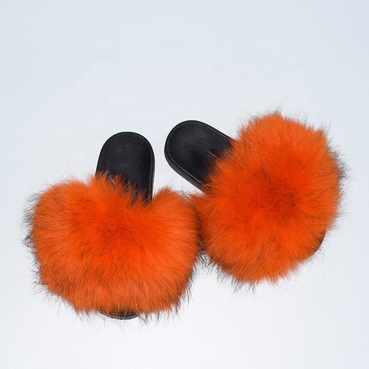 Custom Women Big Fluffy Fox Fur Slippers Ladies Soft Comfortable  Fur Slide Vendors