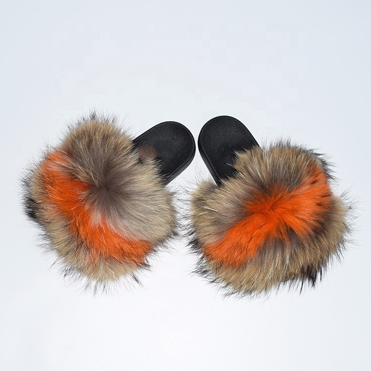 Custom Women Big Fluffy Fox Fur Slippers Ladies Soft Comfortable  Fur Slide Vendors