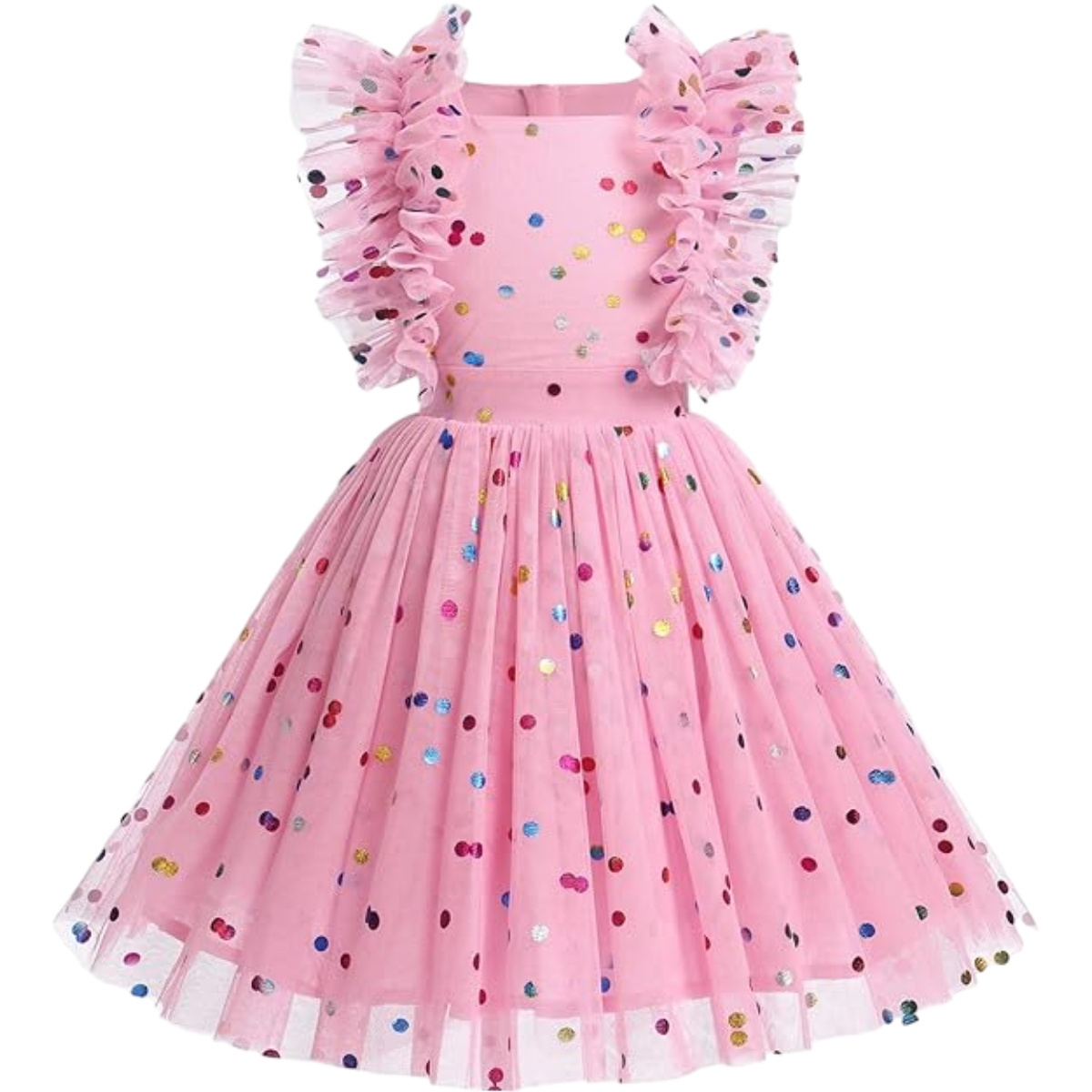 Design Customization Butterfly Foil Printing Ruffle Sleeves Pink Tulle Dress