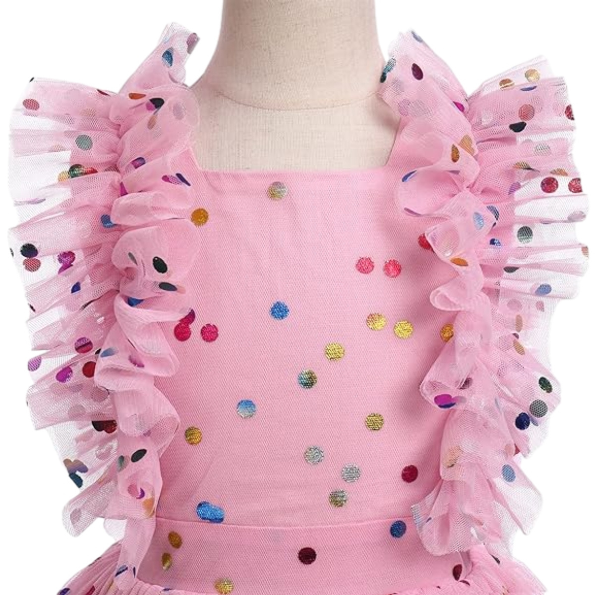 Design Customization Butterfly Foil Printing Ruffle Sleeves Pink Tulle Dress