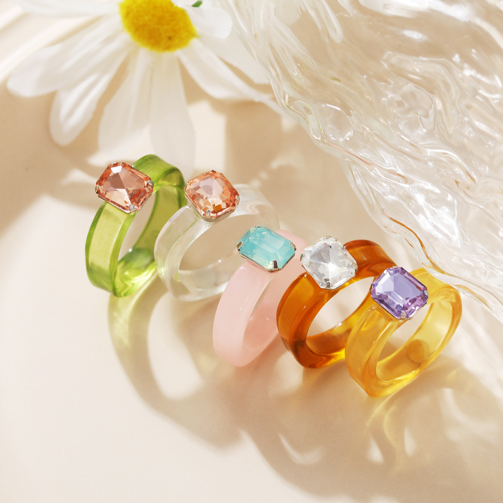 Enamel Color Transparent Acrylic Irregular Resin Square Crystal Cute Macaron Finger Ring For Girls