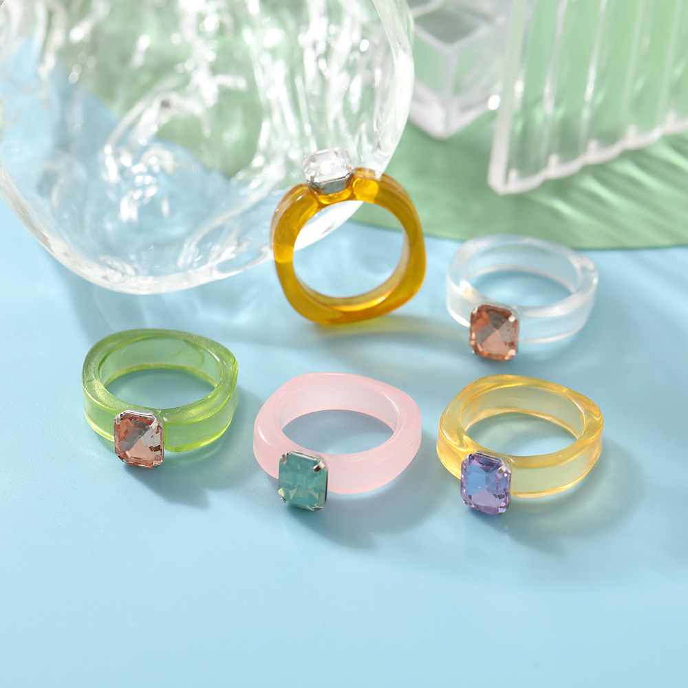 Enamel Color Transparent Acrylic Irregular Resin Square Crystal Cute Macaron Finger Ring For Girls