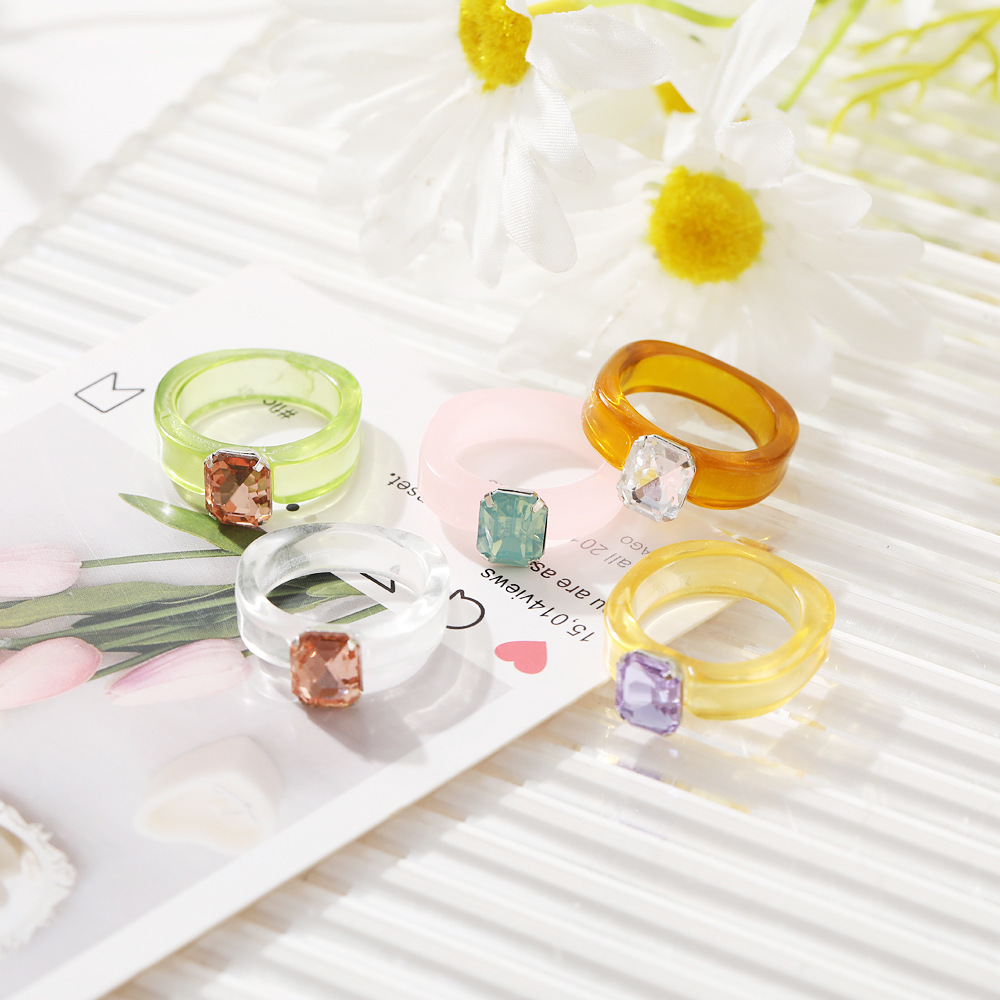 Enamel Color Transparent Acrylic Irregular Resin Square Crystal Cute Macaron Finger Ring For Girls