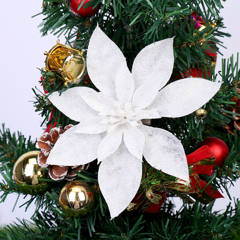 Wholesale  Poinsettia Glitter Christmas Tree Decoration Glitter Flower Artificial Christmas Decorative Flowers