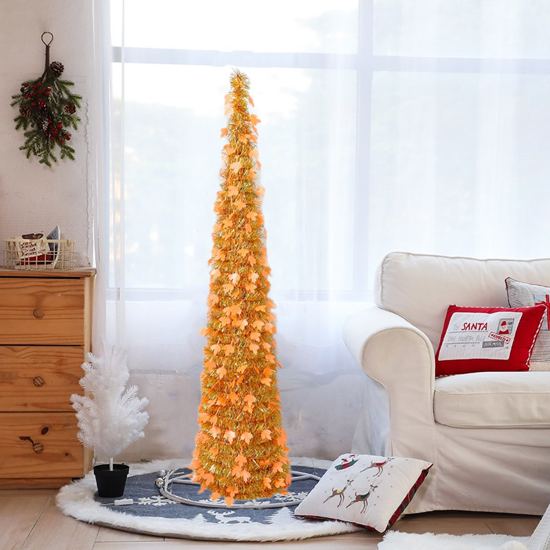 Wholesale PVC/PET Harvest Festival Christmas Folding Tree Yellow Autumn Retractable Tinsel Tree Christmas Decorative Tree