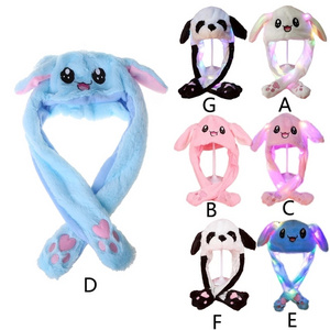 Adult Kids Light Up Plush Animal Hat with Moving Ears Cartoon Rabbit Bunny Panda LED Glowing Earflap Cap Stuffed Toys