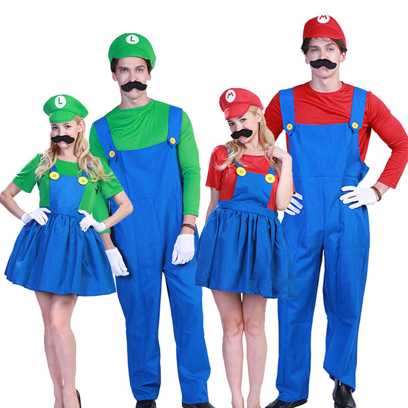 Adult men an women Super Mario Female Luigi fancy dress outfit costume with hat